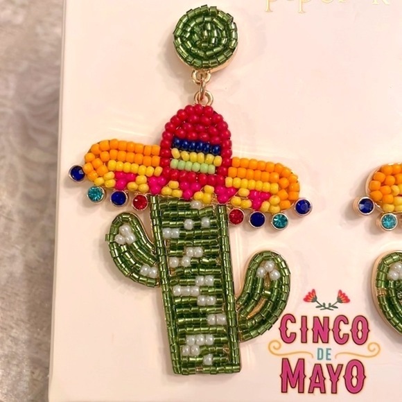 Brand New Piper K Cinco De Mayo Mexican Cactus Sombrero Beaded Drop Earrings - Picture 5 of 10